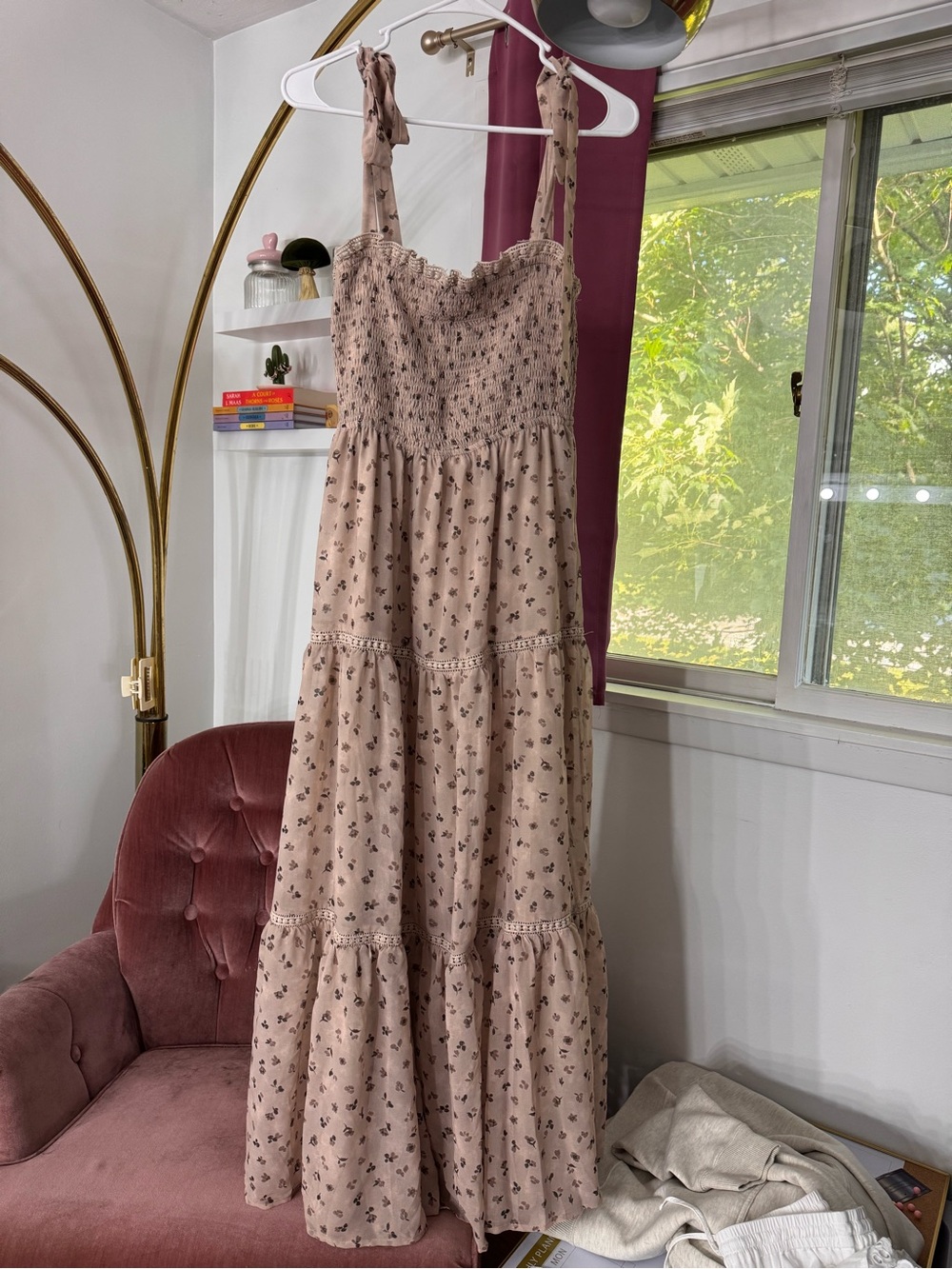 Lulus Blooming Perfection Taupe Floral Print Tie-Strap Smocked Dress - Picture 2 of 4
